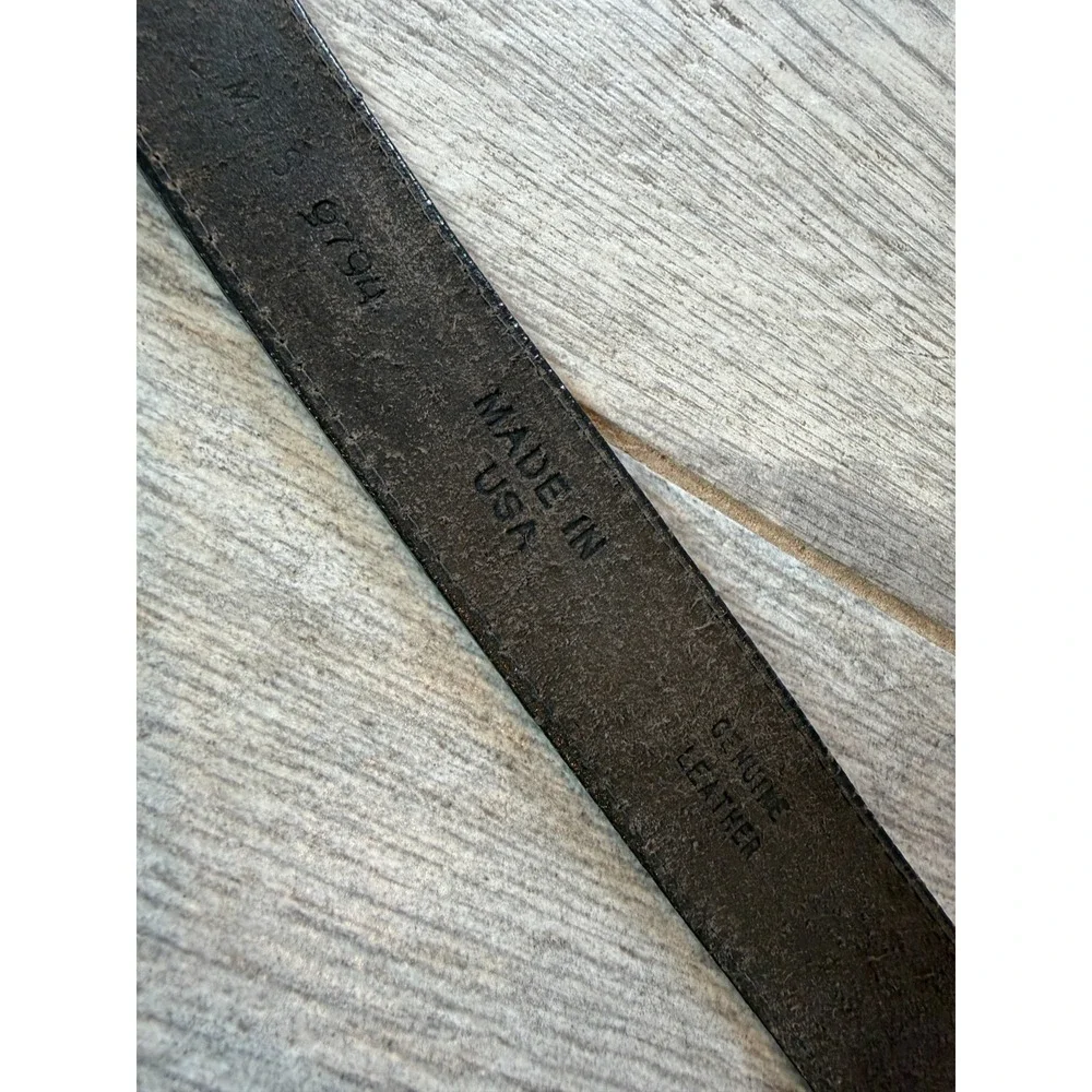 Genuine Leather Belt Black size Medium USA Twisted Buckle‎ Brasstone Vtg Western